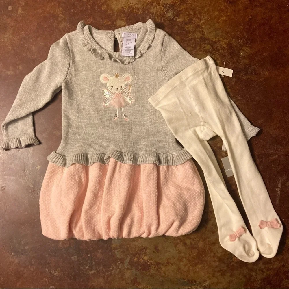 Baby Tahari Ballerina Mouse Grey Bubble Sweater Dress with Stockings